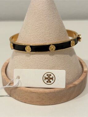 Tory Burch Black Enamel Bangle with Gold Logo Discs